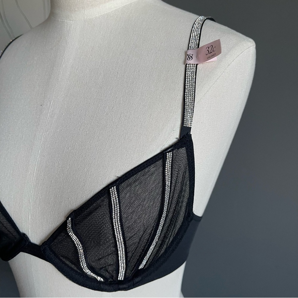 Victoria's Secret Black Mesh Sheer Shined Unlined Bra with Rhinestones and Thong